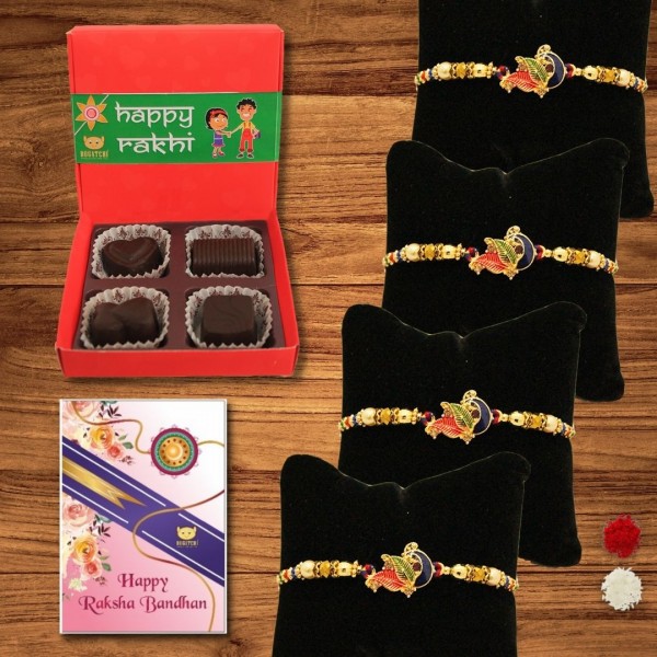 BOGATCHI 4 Chocolate Box 4 Rakhi Roli Chawal and Greeting Card A | Rakhi gifts | Rakhi with Gift Combo 